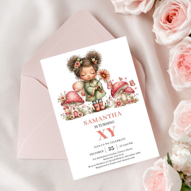 Magisk Fe 7-års Födelsedagsinbjudan Rosa Blommig I Inbjudningar (Magical Fairy 7th Birthday Pink Floral Invitation)