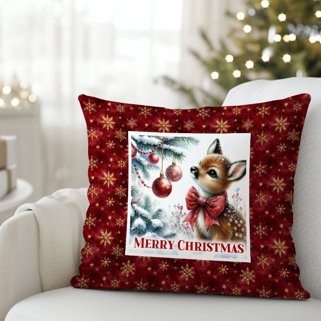 Magisk festlig scen baby hjort julkudde  kudde (Magical festive scene baby fawn Christmas pillow (51))
