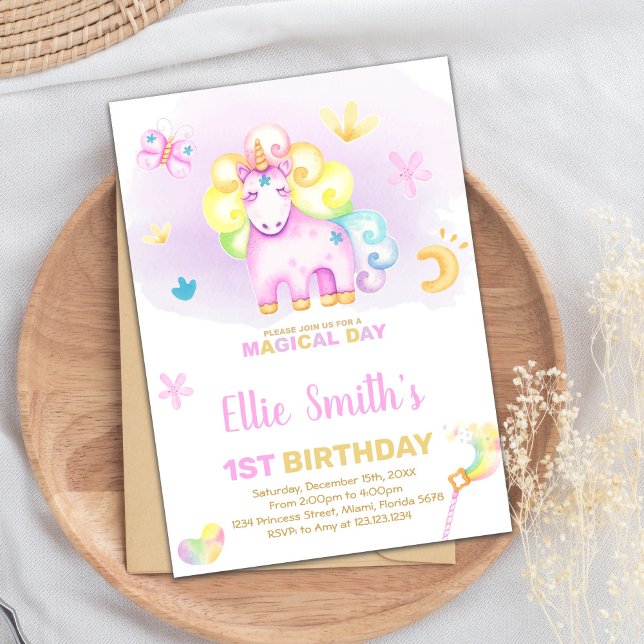 Magisk födelsedag för flickor inbjudningar (Purple First Unicorn Birthday Invitation)