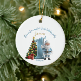Magisk födelsedagsinbjudan med tomte – 1-års födel julgransprydnad keramik