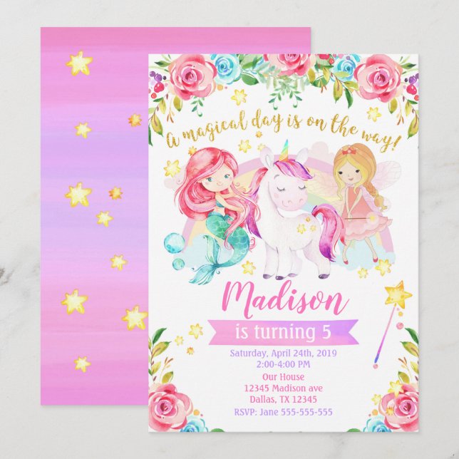 Magisk födelsedagsinbjudan Unicorn Fairy Sjöjungfr Inbjudningar (Fram/baksida)
