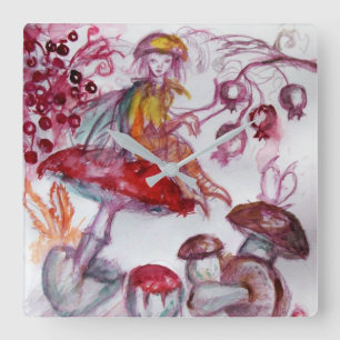 MAGISK FOLLET AV MUSHROOMER VID Fantasy AV röd Blo Fyrkantig Klocka
