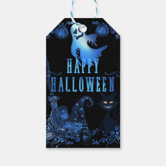 Magisk Glad Halloween Svart Blå Glöd Fest Presentetikett (Framsidan)