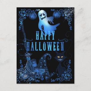Magisk Glad Halloween Svart Katt Blå Glödljus Vykort