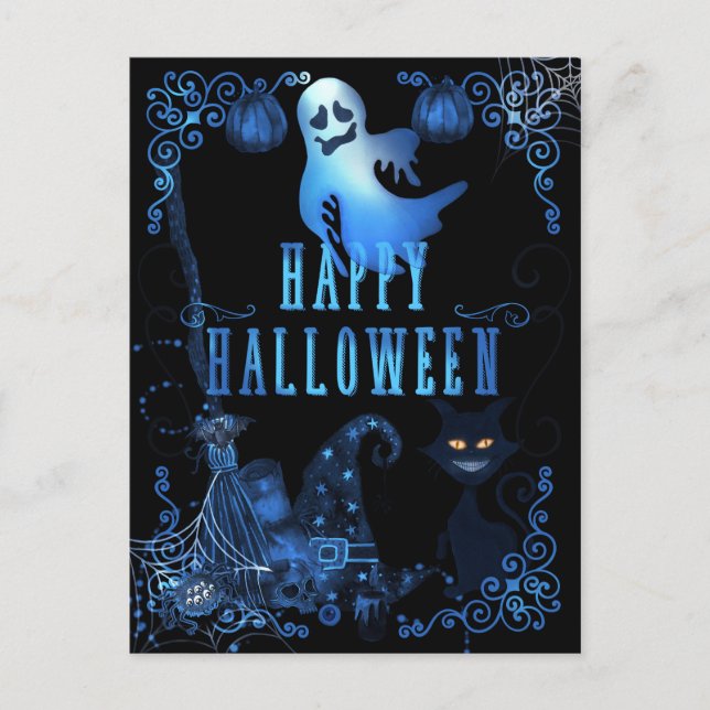 Magisk Glad Halloween Svart Katt Blå Glödljus Vykort (Framsida)