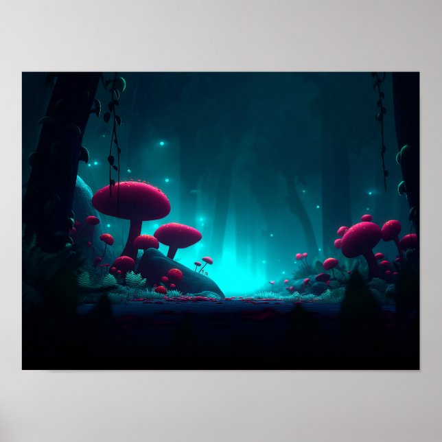 Magisk Glödande Svamp Skog Natt Poster (Framsidan)