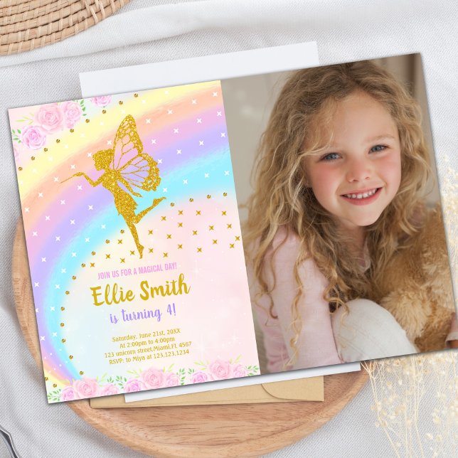 Magisk Gnistra Party för flickor Inbjudningar (Photo Rainbow Glitter Fairy Birthday Invitations)