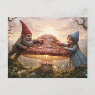 Magisk Gnome Och Flicka I Skog Med Svamp Vykort