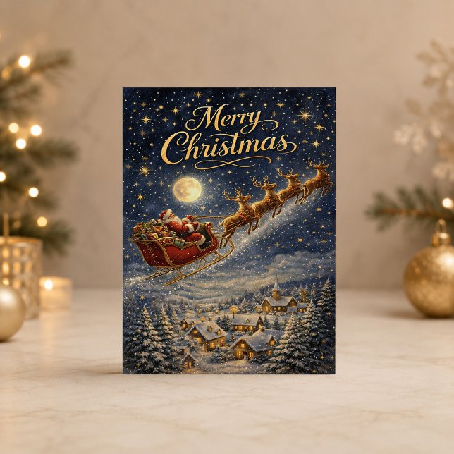 Magisk Guld Tomte Julnatt Himmel God Jul Helgkort (Skapare uppladdad)
