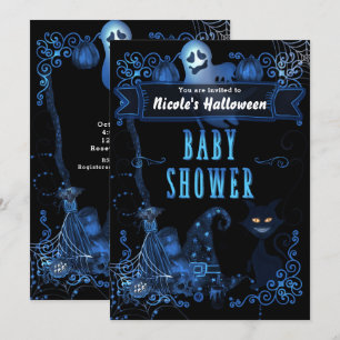 Magisk Halloween Baby Shower Katt Blå Glödljus Inbjudningar