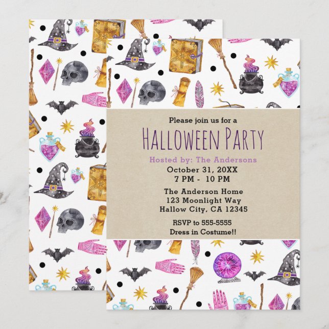 Magisk Halloween Watercolor Whimsical Fest Inbjudningar (Fram/baksida)