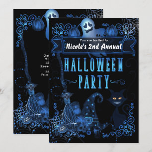 Magisk Halloweenfest Svart Katt Blå Glödande Ljus Inbjudningar