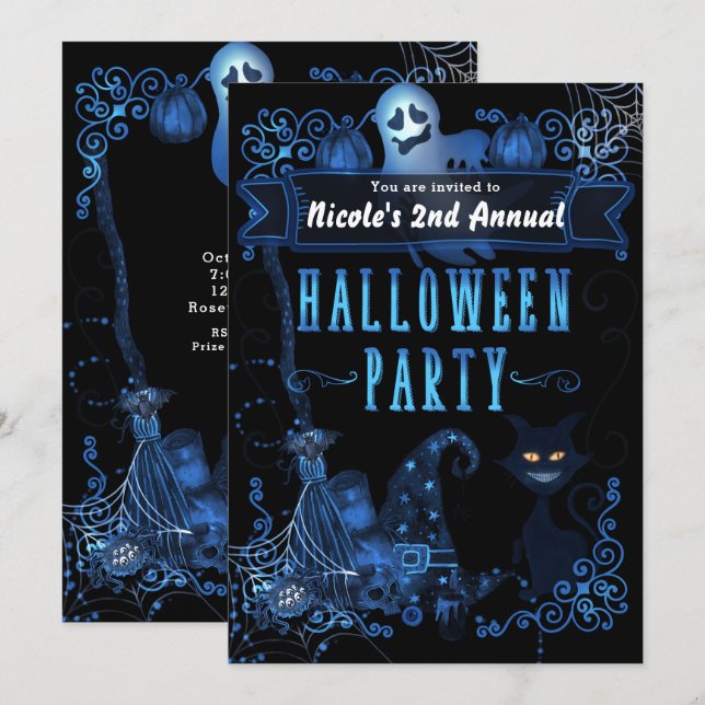 Magisk Halloweenfest Svart Katt Blå Glödljus Inbjudningar (Fram/baksida)