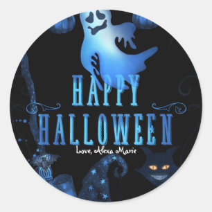 Magisk Halloweenfest Svart Katt Blått Ljus Favorit Runt Klistermärke