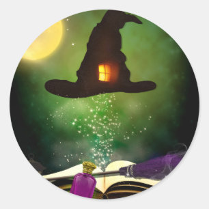 Magisk hatt & Förtrollad Spelbok Whimsical Kul Fes Runt Klistermärke
