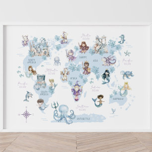 Magisk havsvärld, sjöjungfrur, riddare, världskart poster