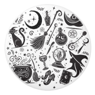 Magisk häxa Whimsical Wiccan Pagan svart & vit Knopp