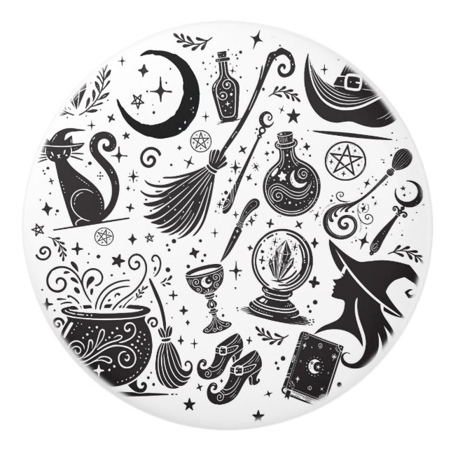 Magisk häxa Whimsical Wiccan Pagan svart & vit Knopp (Framsidan)