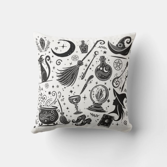 Magisk Häxa Whimsical Wiccan Pagan Svart & Vit Kudde (Baksida)