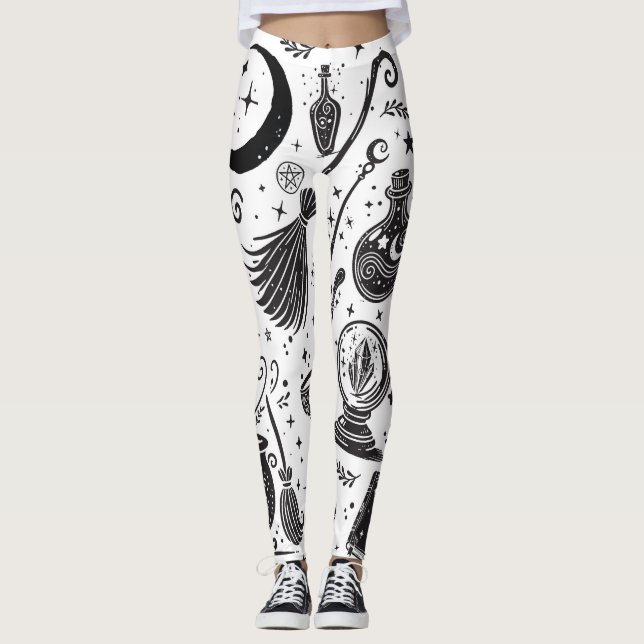 Magisk Häxa Whimsical Wiccan Pagan Svart & Vit Leggings (Framsida)