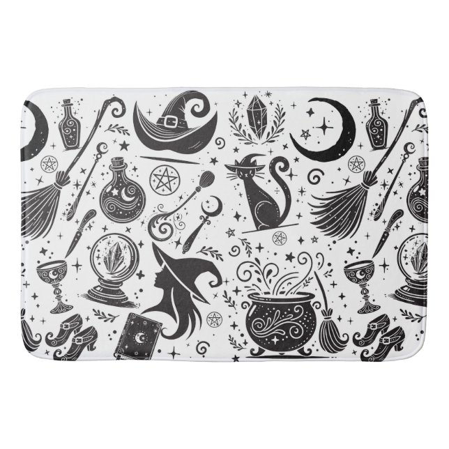 Magisk Häxa Whimsical Wiccan Pagan Svart & Vitt Badrumsmatta (Framsidan)