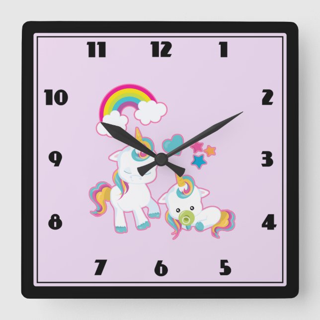 Magisk illustration av Cute Mamma & Baby Unicorn Fyrkantig Klocka (Framsida)