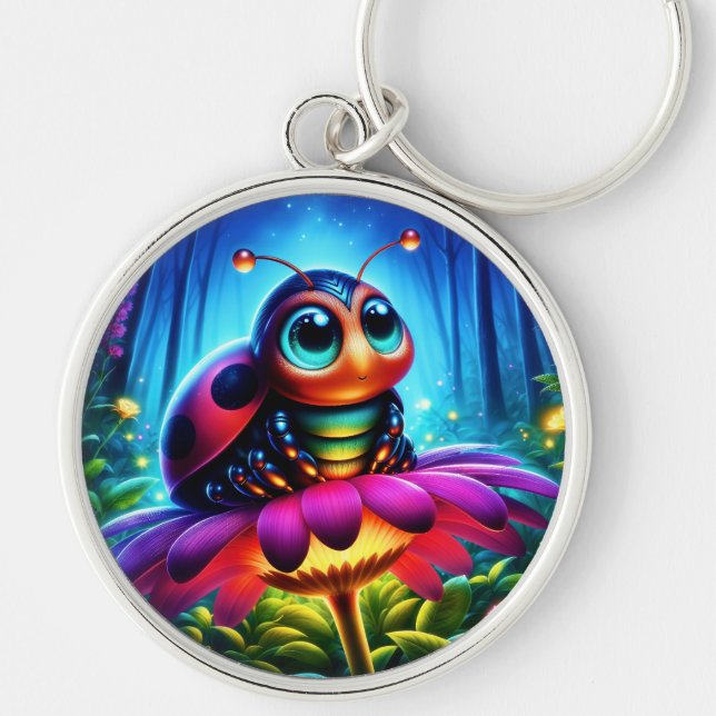 Magisk insekt i en luminös natt-skog rund silverfärgad nyckelring (Framsidan)