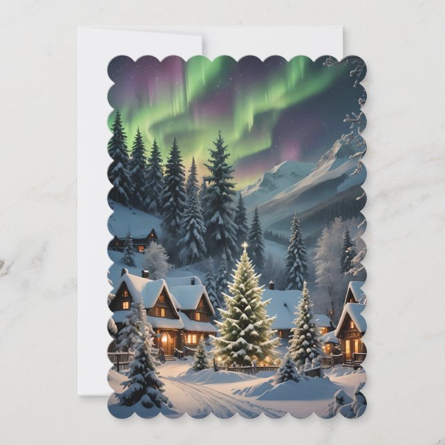 Magisk jul, bergby, polarsken julkort (Framsida)