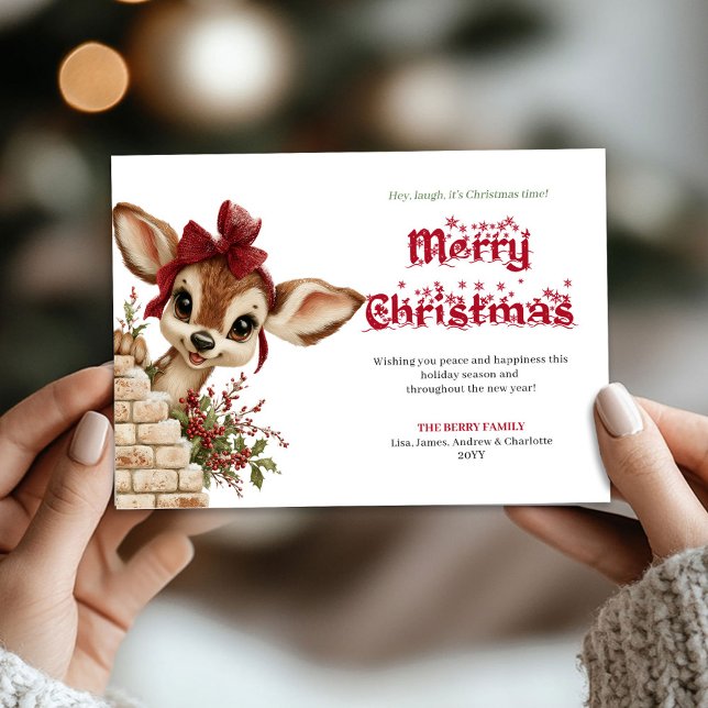 Magisk jul för baby rådjur snöig julkort (Magical Xmas peeking baby fawn snowy greeting card)