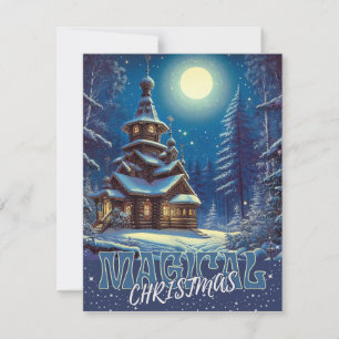 Magisk jul träkyrka snö måne skog julkort