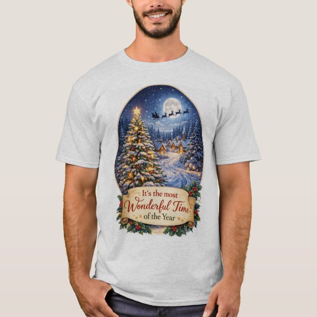 Magisk julnatt Byn Scen Grafik T Shirt (Framsida)