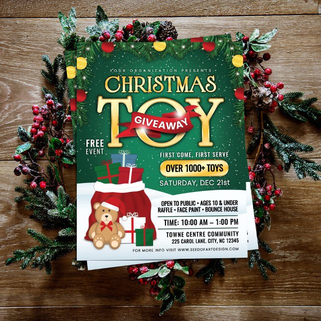 Magisk julpresent-gåvoutdelning: Santasäck & Teddy Reklamblad (Skapare uppladdad)