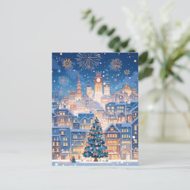 Magisk julstads fyrverksnatt helg vykort (Stående Fram)