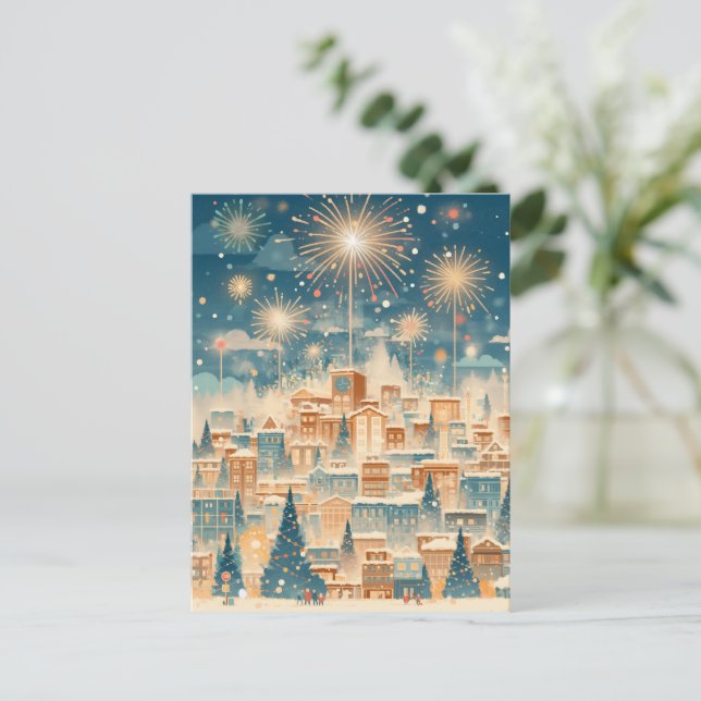 Magisk julstads fyrverksnatt helg vykort (Stående Fram)