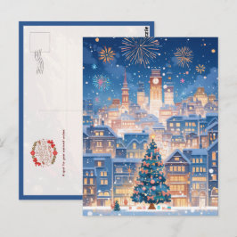 Magisk julstads fyrverksnatt vykort