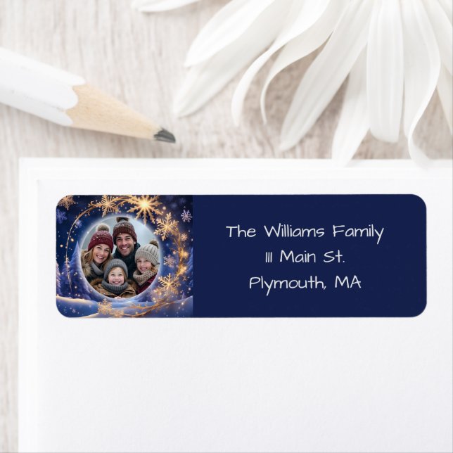 Magisk jultid - gyllene snöflingor, foto returadress etikett (Insitu)