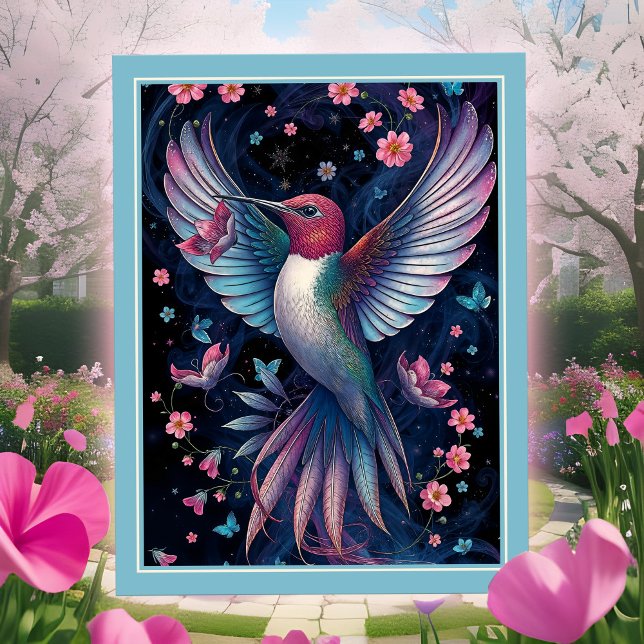 Magisk Kolibri Iriserande Vingar Rosa Blommor Vykort (Exotic Hummingbird postcard, wings spread in magical flight, pink & blue flowers, beautiful artistic)