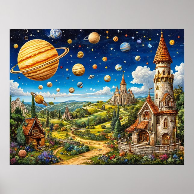 Magisk landskap med slott och yttre rymden poster (Framsidan)