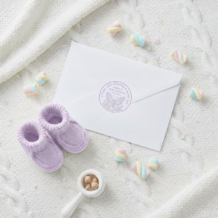 Magisk lila fjäril baby shower runt klistermärke