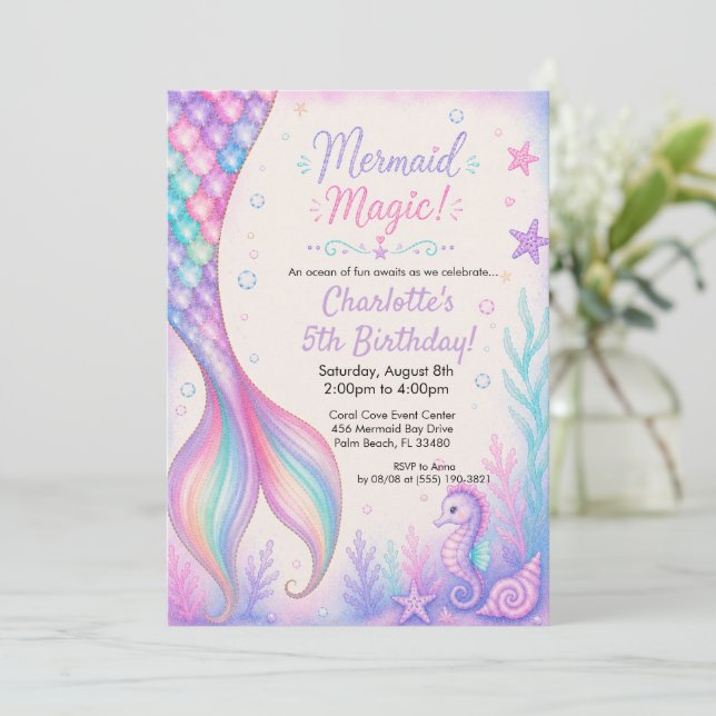  Magisk Mermaid-svans Vattenfärg Födelsedag  Inbjudningar (Stående Fram)