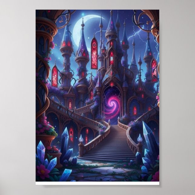 Magisk Mörk Fantasy Slott Lysande Portal Affisch (Framsidan)