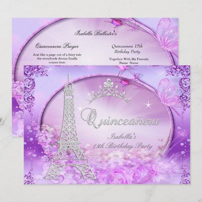 Magisk prinsessa Quinceanera lila rosa tiara Inbjudningar (Fram/baksida)