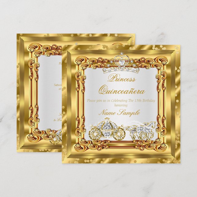Magisk Quinceanera Guld Diamant Hästkärran Inbjudningar (Fram/baksida)