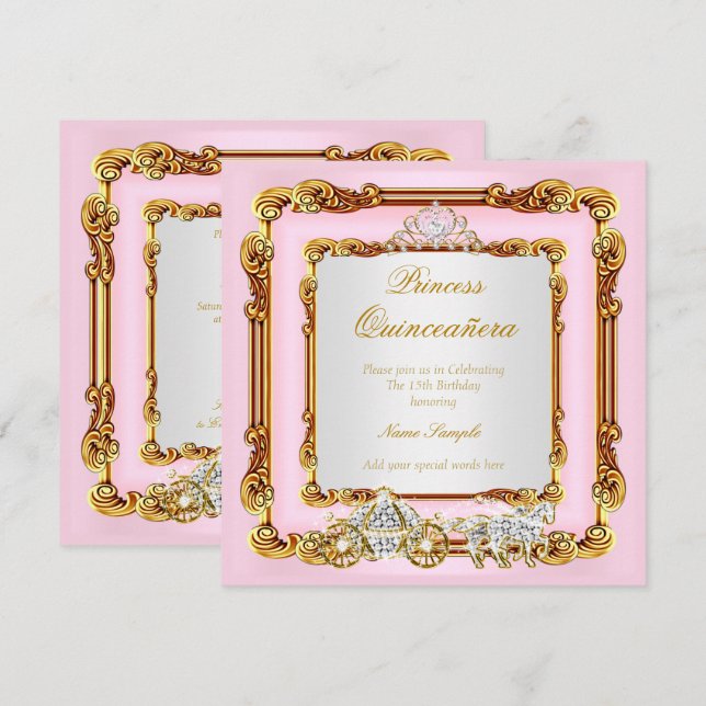 Magisk Quinceanera Rosa Guld Hästvagn Inbjudningar (Fram/baksida)