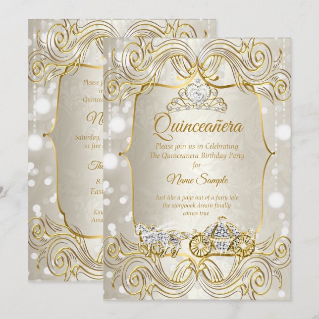 Magisk Quinceanera-transport guld Beige Silver Inbjudningar (Fram/baksida)