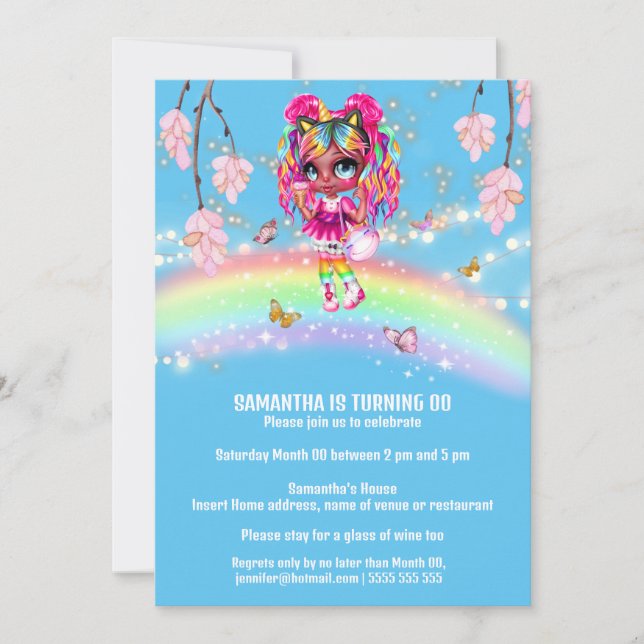 Magisk regnbågsmelaninflickans fantasi ljus blommi inbjudningar (Framsida)