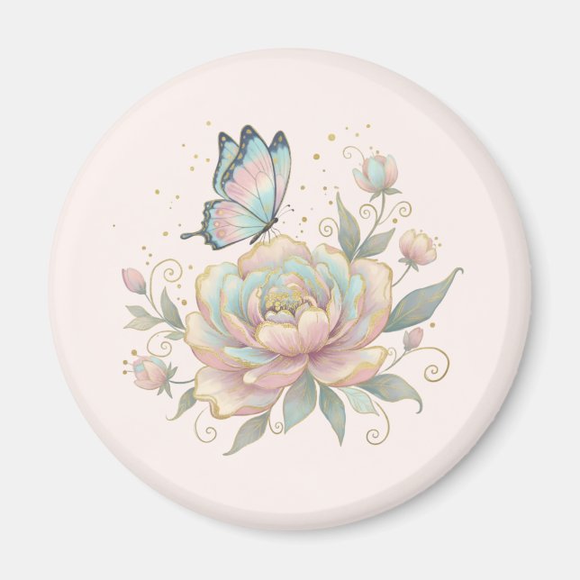 Magisk ros och fjäril i pastellfärger magnet (Framsidan)