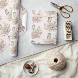 Magisk ros- och fjärilsmönster i pastellfärger presentpapper