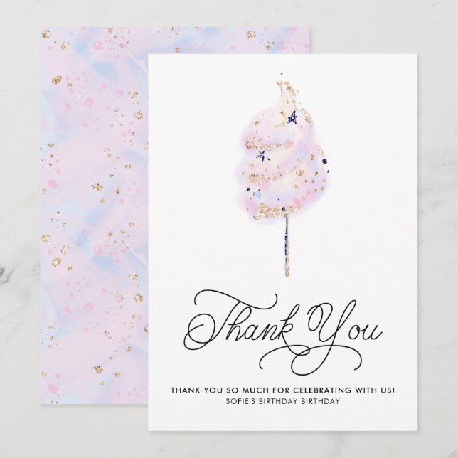 Magisk Rosa Cotton Candy och Glitter Tack Inbjudningar (Fram/baksida)
