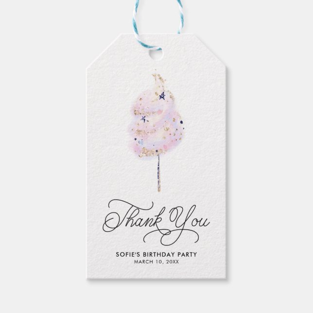 Magisk Rosa Cotton Candy och Glitter Tack Presentetikett (Framsidan)